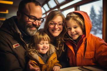 Obraz premium A family spends time together doing arts and crafts at a colorful home workstation, fostering creativity and creating lasting memories.