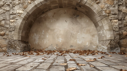 Autumnal Charm: Beige Stone Arch with Dry Leaves Backdrop