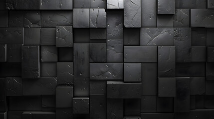 black abstract, wallpaper, monochrome design, neat symmetrical pattern, parallelogram tiles, right lower third lighting - obrazy, fototapety, plakaty