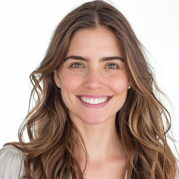 headshot photograph of a smiling woman with long, flowy hair. The background of the photo is white, and she is isolated in the shot.