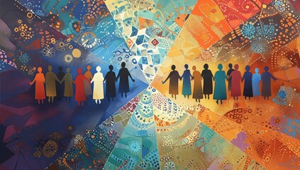 A painting depicting an aboriginal dot art pattern with multiple human figures holding hands - obrazy, fototapety, plakaty