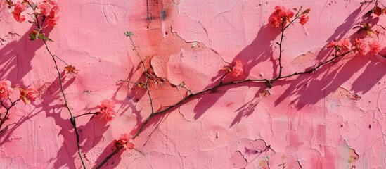 A delicate twig with pink flowers is artistically placed against a pink wall, creating a captivating landscape of magenta hues