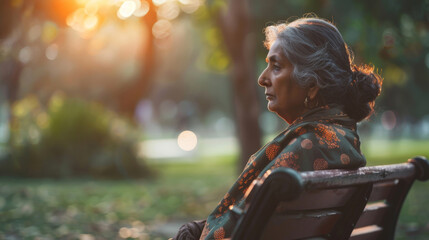 Thinking, elderly Mexican and woman sitting in park. Senior, female and mental health concept. Sadness, longing and depressed for mental health and reminiscing with beautiful blurry background.