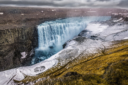 Beautiful waterfall in Iceland in winter. Dettifoss waterfall. Icelandic landscape