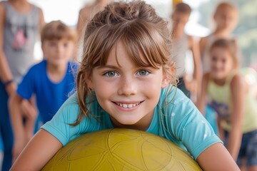 young girl with a beautiful hairstyle is lying on a soccer ball in front of a group of children, smiling happily as they take a photograph of her. Her arm, finger, and thigh are visible in the shot - obrazy, fototapety, plakaty