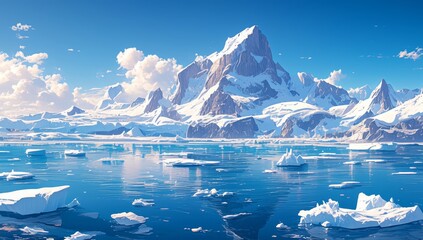 A panoramic view of the Arctic, showcasing majestic icebergs floating in icy waters with snowcapped mountains