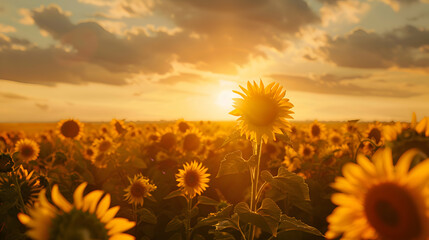 A field of sunflowers basking in the summer sun, with their bright yellow petals turning towards the warmth of the sky - obrazy, fototapety, plakaty