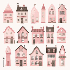 Pink Houses Clipart isolated on white background