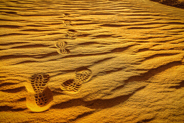 Human footsteps shoe print on the sand in desert