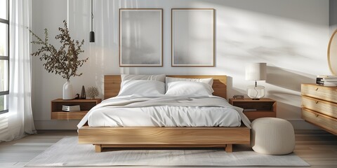 King-size bed in bright bedroom with wooden accessories