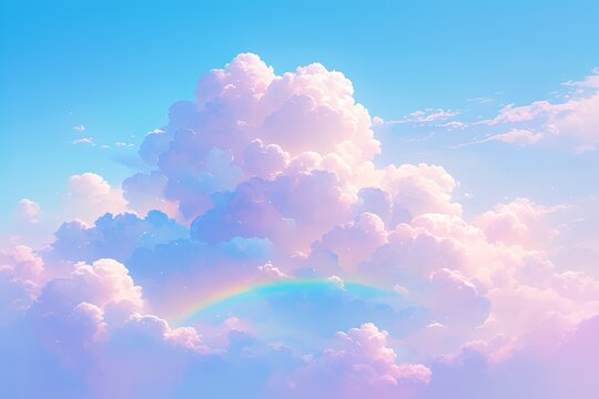 A photo of fluffy pink and blue cotton candy clouds with rainbows in the sky.