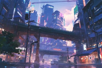 purple cyberpunk city street