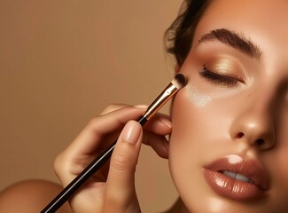 Fototapeta premium closeup eye with closed eyelids, woman is applying eyeshadow using brush on her eyelid in beauty studio, beige background, high detail, soft shadows, clean sharp focus, professional color grade