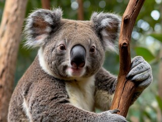  Koala hugs its branch while looking at zoo visitors