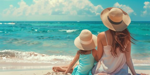 Fototapeta premium Happy mother and daughter in vacation on the sea