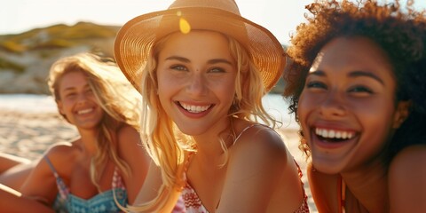 Multiracial friends lying down on beach