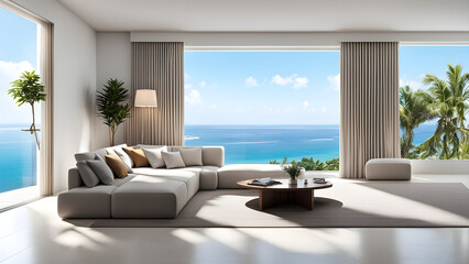 Wide modern bedroom, huge french window with sea view, modern decoration design, high-end apartment