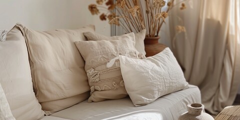 Sofa with beige pillows in room