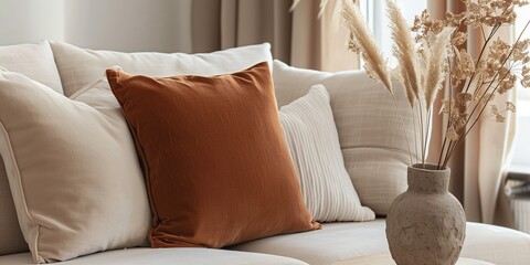 Fototapeta na wymiar Sofa with beige pillows in room