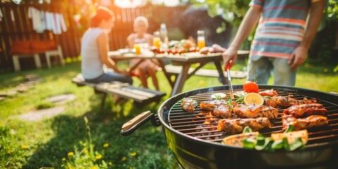 family having a barbecue party in nature - obrazy, fototapety, plakaty