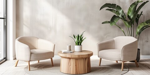 Modern interior of room with design chairs and wooden table