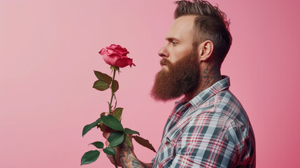 Man with beard and tattoos holding a red rose.