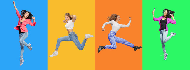 Full body side view young womans jump high.  Collage of jumping multinational people on color...
