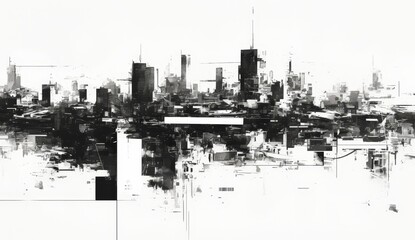 A long horizontal sheet of abstract painting, with the outline of skyscrapers in black and gray, representing an urban skyline. 