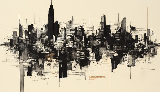 A long horizontal sheet of abstract painting, with the outline of skyscrapers in black and gray, representing an urban skyline. 