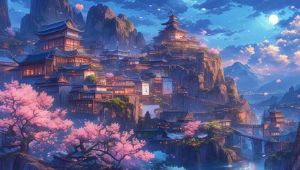 A majestic ancient Chinese palace sits atop a mountain, with cherry blossoms blooming in front and moonlight shining brightly. 