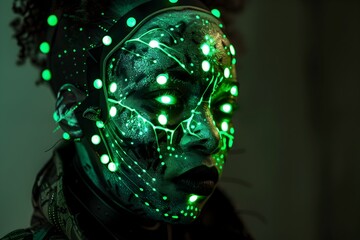 African Woman with Biomass-Inspired Circuitry Facial Art in Cyberpunk Stylization