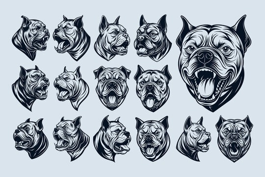Bundle of silhouette bulldog head illustration design