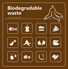 Ready sets of icons for separating biodegradable waste in one colour. Vector elements are made with high contrast, well suited to different scales. Ready for use in your design. EPS10.