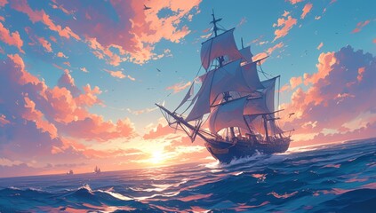 A majestic sailing ship gracefully navigates the vast ocean, with billowing sails and a dramatic sunset backdrop, capturing an adventurous spirit of exploration in the style of fantasy art.