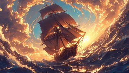 A majestic sailing ship with billowing sails gracefully navigating the stormy seas of an uncharted ocean under the golden sunset, embodying adventure and exploration.