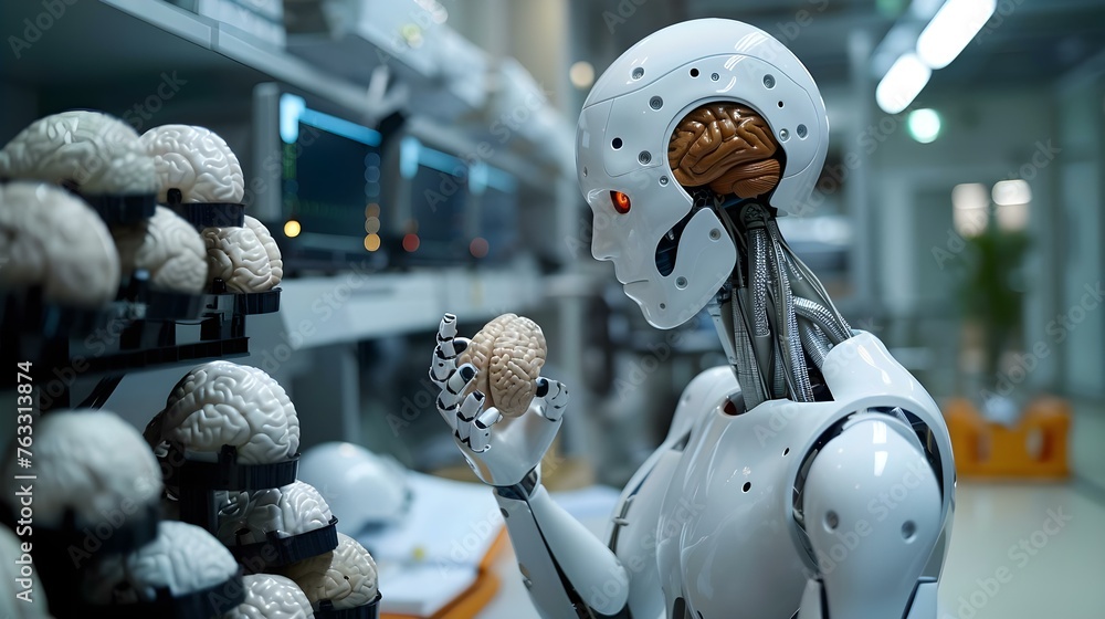 Poster robotics researcher using ai to scan human brains for diagnosis in a medical setting. concept roboti