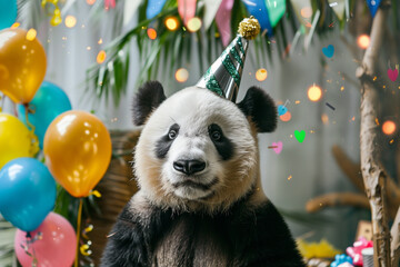 Party panda with balloons and confetti suited for joyful occasions.