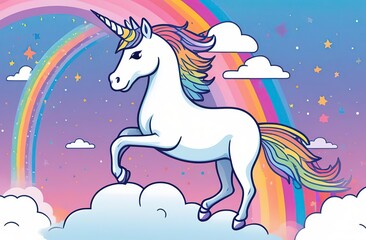 Illustration of a majestic unicorn standing on a fluffy cloud with a vibrant rainbow backdrop -