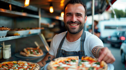 Italian chef selling pizza at a festival