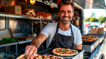 Foto op Canvas Italian chef selling pizza at a festival © HUMANIMALS