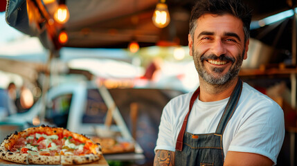 Italian chef selling pizza at a festival
