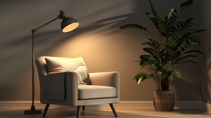 Armchair with pillow, glowing lamp