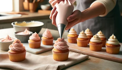 Fotobehang Artisan Baker Adorns Cupcakes with Swirls of Pink Frosting © arinahabich