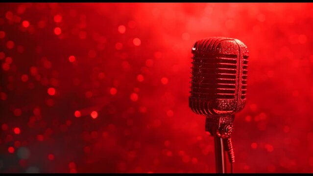 vintage microphone in shiny red background, copy space