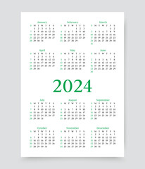 Calendar 2024 year. Yearly calender template. Week starts Sunday. Pocket wall organizer with 12 month in English. Scheduler layout in minimal design. Vector illustration. Portrait orientation, A4.