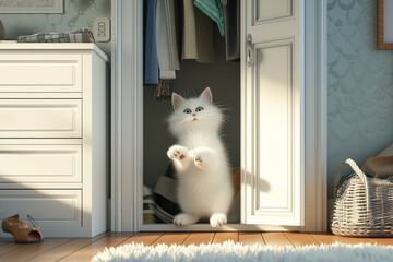 Cartoon white cat standing upright on hind legs inside opened closet