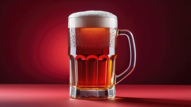 Glass of red beer on red background. Cope space. Place for text.