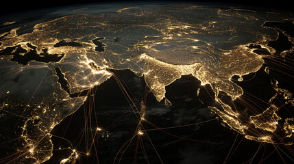 Global Network Over Earth at Night, Digital network connections lighting up the night on Earth from space