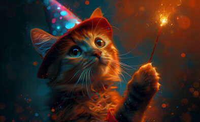 A cat in a party hat holding a sparkler