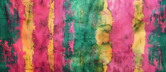 A close up of a vibrant tie dye fabric featuring shades of purple, pink, violet, magenta, and...